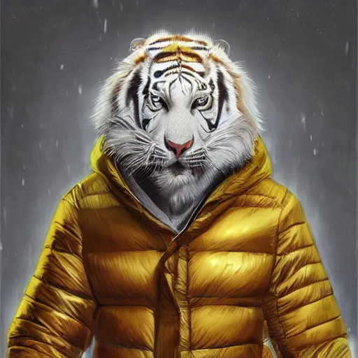 Image similar to a beautfiul award winning aesthetic commission of an antrho albino tiger wearing a black padded hooded puffer jacket,golden cahin around the neck,digital art,art by artgerm,character design by charles bowater,ross tran,photorealistic,detailed face,hyperdetailed,western comic,2021,artstation,deviantart