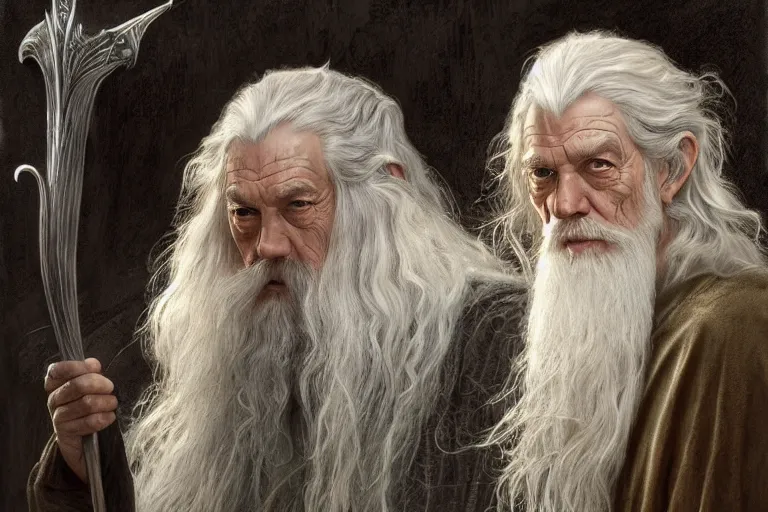 Prompt: Gandalf from Lord of the Rings, diffuse lighting, fantasy, intricate, elegant, highly detailed, lifelike, photorealistic, digital painting, artstation, illustration, concept art, smooth, sharp focus, art by John Collier and Albert Aublet and Krenz Cushart and Artem Demura and Alphonse Mucha