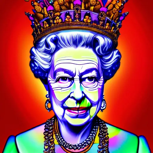 Prompt: An extremely psychedelic portrait of Queen Elizabeth, surreal, LSD, face, detailed, intricate, elegant, lithe, highly detailed, digital painting, artstation, concept art, smooth, sharp focus, illustration