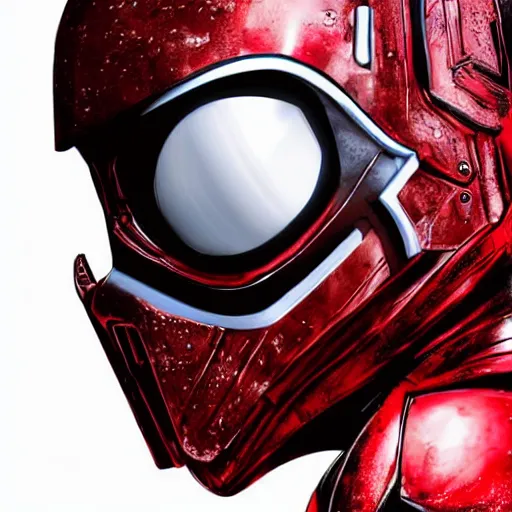 Image similar to Pixar, Star Wars, Marvel, black + red + white ant head superhero, wearing futuristic cybernetic battle armor, close up dramatic lighting, portrait, realistic reflection