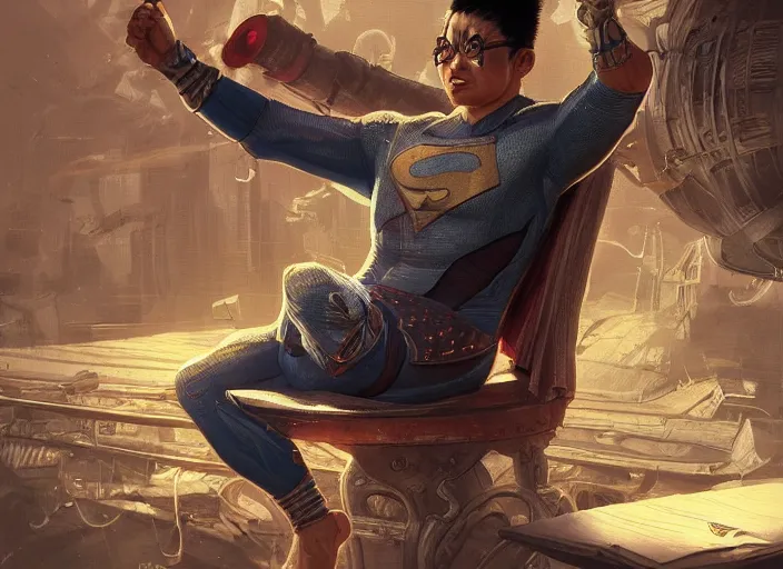 Prompt: an insanely detailed painting of an asian man wearing a homemade superhero costume, sitting at a desk, staring seriously at the computer and typing, in the style of peter mohrbacher, dramatic lighting and composition, surreal background, octane render, pixar, trending on artstation, concept art, comic book, view from behind, 8 k