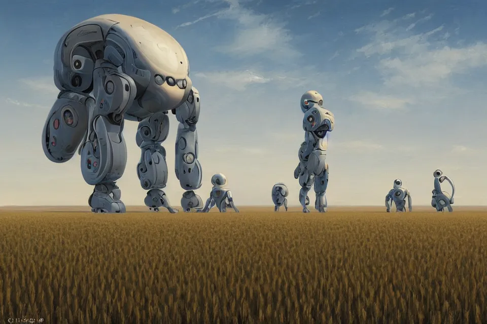 Image similar to sci-fi painting of a large alien city on the vast wheat fields, the closed back view of one humanoid robot on the ground, by Christopher Balaskas, godrays, detailed