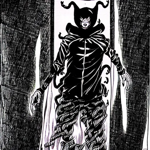 Image similar to full body portrait of villainous jester, dark, twisted, manga, comic, by junji ito. twisted. horror.
