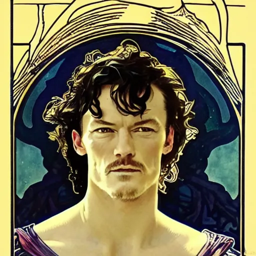 Image similar to luke evans portrait by louis - theophile hingre and alphonse mucha, realistic, sharp focus, zodiac signs, tarot cards, planets, ethereal, art nouveau, magic, moon, sun, crown, dreamy, royal, jewellery