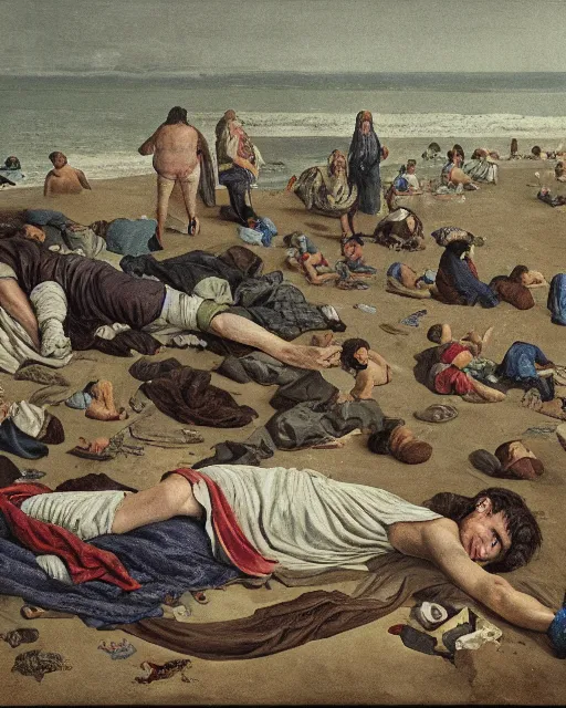 Prompt: photos of a gigantic, thousand foot long, man lying unconscious on a beach surrounded by thousands of tiny onlookers. he is wearing clothes from the 1 7 th century. cinematic and atmospheric