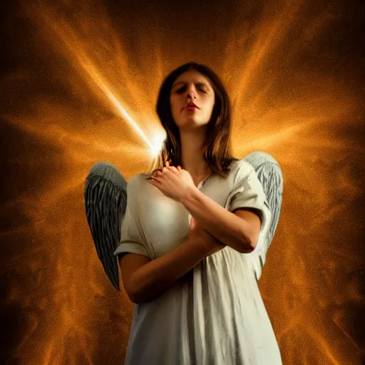 Prompt: fallen woman angel reaching with her arm, realistic 8 k portrait, dark background, beam of light coming from the sky, award winning, high detail, renaissance painting