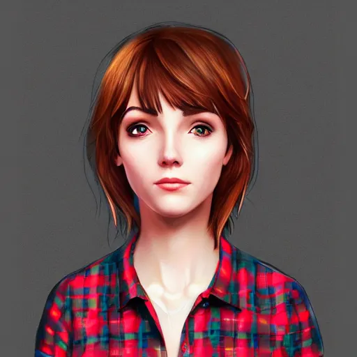 Prompt: a selfie of max caulfield wearing a red plaid flannel shirt, fantasy, intricate, young and cute, highly detailed, digital painting, artstation, concept art, smooth, sharp focus, illustration, unreal engine, life is strange, Edouard Caplain