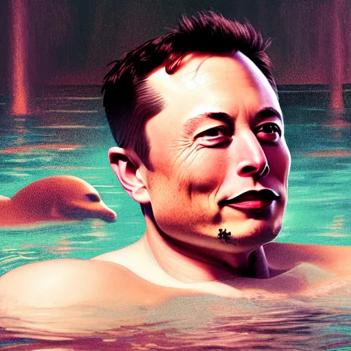 Image similar to UHD photorealistic Elon Musk and Dagon in a hot tub, in the style of tonalism by Greg Rutkowski, trending on Artstation, hyperrealistic, correct details, symmetrical faces