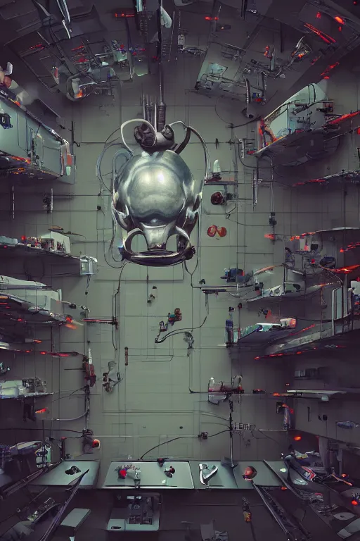 Image similar to top view of many mechanics in lab facility looking at bloody disney mouse head lifted by claw, made by beeple, cgsociety, artgerm, greg rutkowski, highly detailed intricate 4 k art, low light cinematic, octane render, unreal engine, smooth concept art