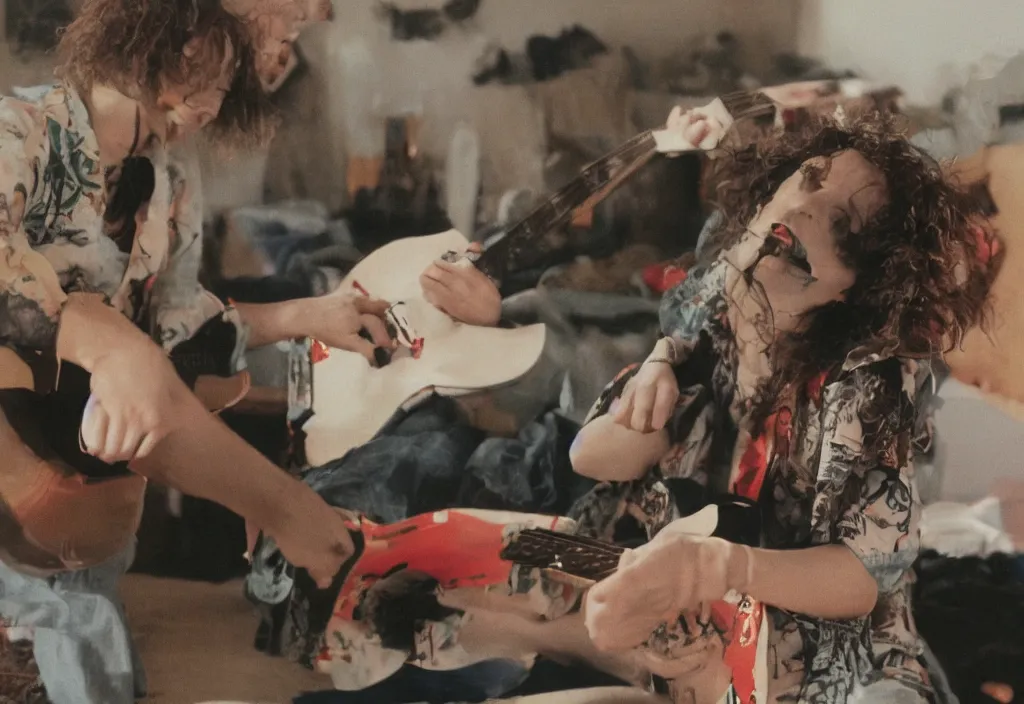 Prompt: beautiful women playing guitar in front of a tv, 3 5 mm, cinestill, depth of field in the style of bruce weber