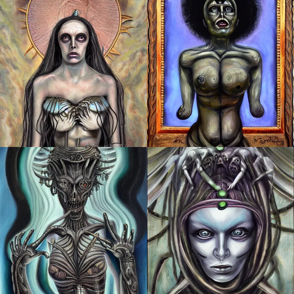 Prompt: Goddess of Despair, beautiful oil painting in the style of h. R. Giger and Beskinski