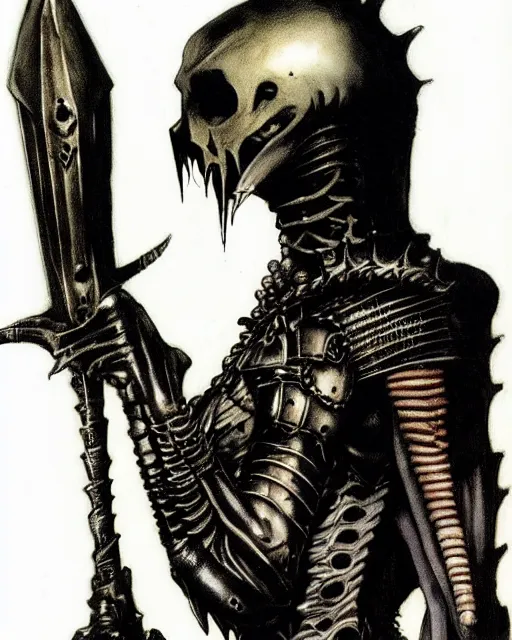 Image similar to portrait of a skinny goth punk giger wearing armor by simon bisley, john blance, frank frazetta, fantasy, thief warrior