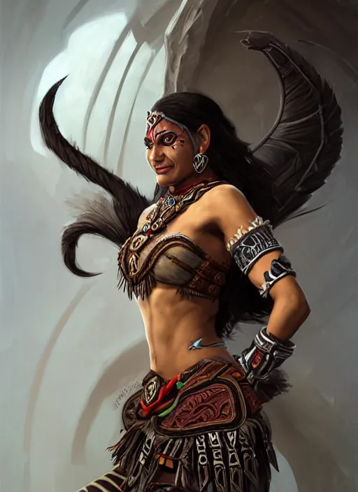 Image similar to portrait of an athletic aztec woman shaman as a diablo 3 character, looking at camera, D&D, alchemy master, long dark hair, intricate, elegant, stylish, cute smile, fantasy, extremely detailed, digital painting, artstation, concept art, smooth, sharp focus, illustration, ambient lighting, art by artgerm and greg rutkowski and alphonse mucha and simon stalenhag