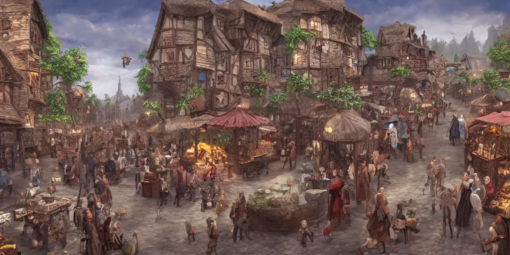 Prompt: a busy marketplace full of merchants in an old medieval town, fantasy apocalypse, digital art, 4 k,