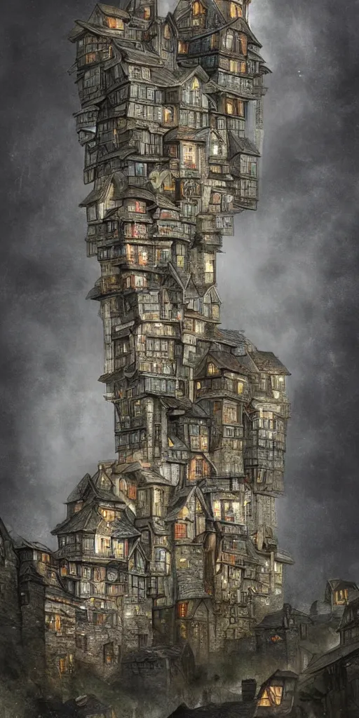 Prompt: an infinite amount of medieval houses stacked on each other, creating a very thin monolith, concept art, very very very very tall, trending on deviantart, movie still, award wining photograph