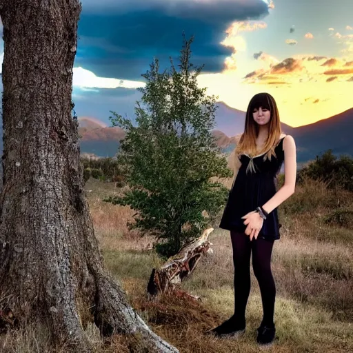 Image similar to misa amane standing near a beautiful landscape, back facing, mountain with a dead tree in the background, sunset with cloudy skies, in a different realm, award winning dslr photography, clear image, global illumination, radiant lighting, intricate environment