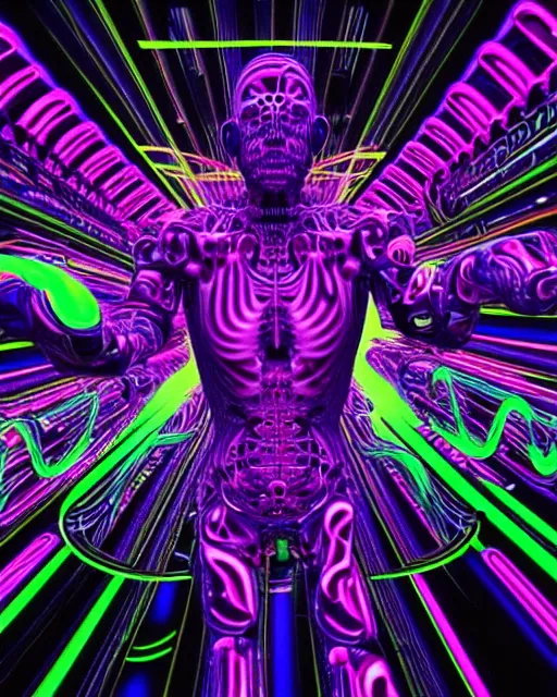 Image similar to psychedelic trip of a cyborg who's escaping death, trippy, lots of hands, 8k, ultra realistic