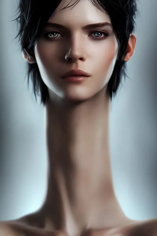 Prompt: ultra realistic style illustration of an androgynous gorgeous fae with shoulder length black hair pale skin and beautiful eyes, headshot, sci - fi, fantasy, intricate, elegant, highly detailed, digital painting, artstation, concept art, smooth, sharp focus, illustration, 8 k frostbite 3 engine, ultra detailed