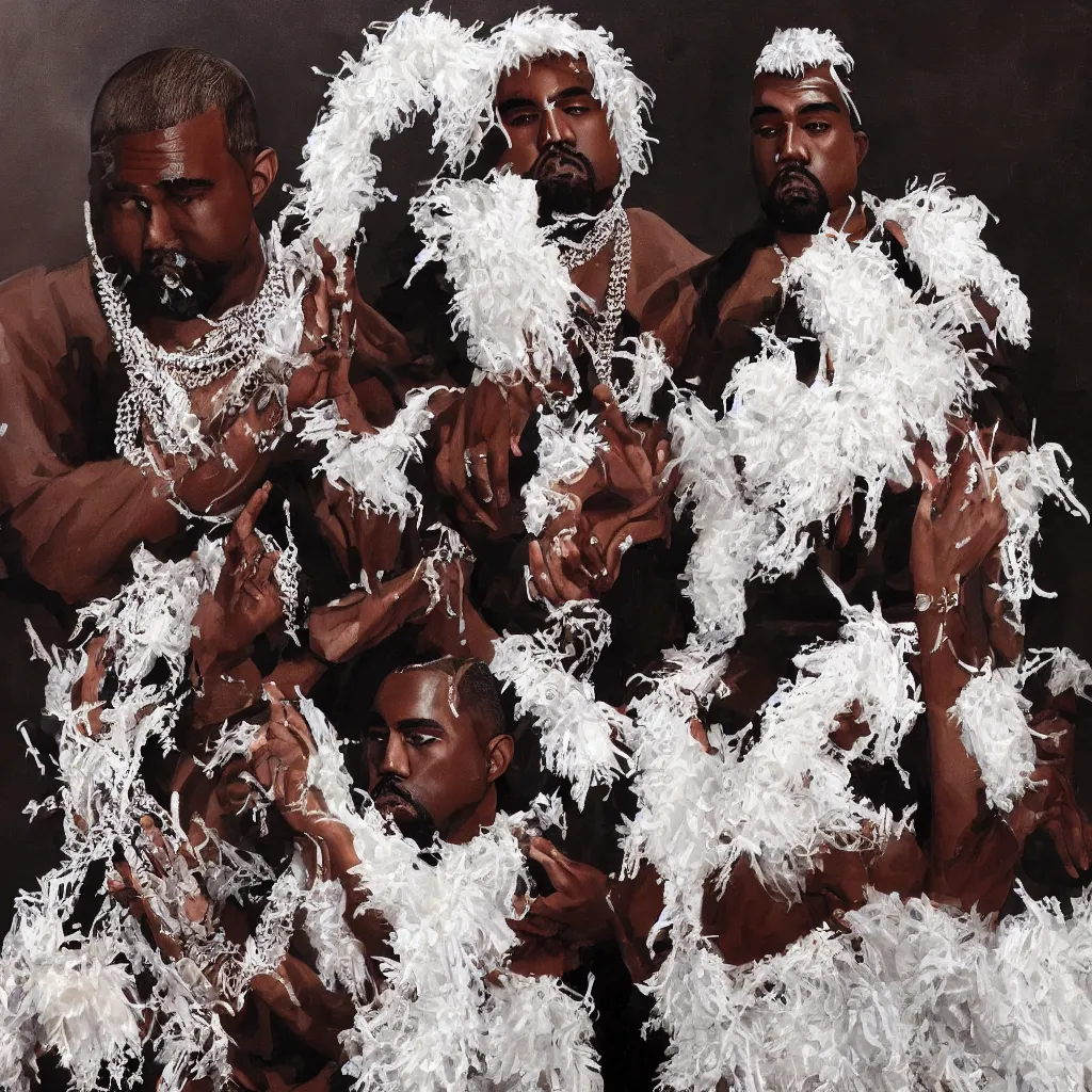 Image similar to kanye west and lil naz x making various facial expressions _ with _ a _ decorated _ dress _ made _ of _ white _ pearls _ and _ white _ plumes _ of _ swan _ highly _ detailed _ digital _ painting