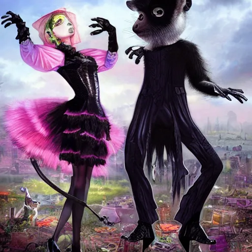 Image similar to Monkey in a Victorian era cyber punk dress dancing in a landfill with a vampire racoon and a goth fairy frog, hyper realistic, cgsociety,