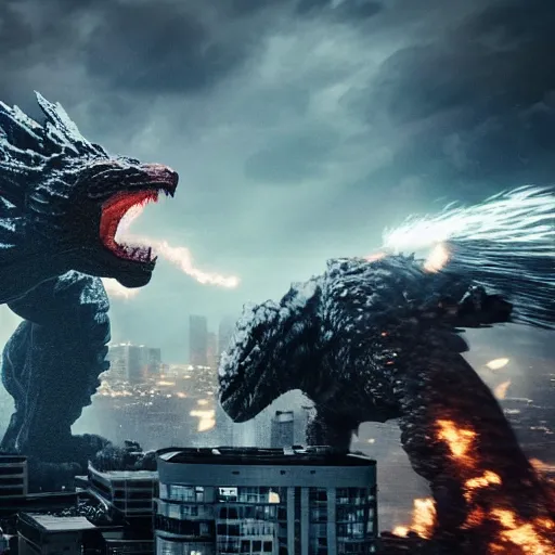 Image similar to giant white man fighting Godzilla in the city, 4k