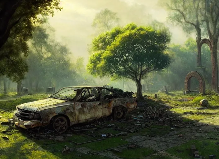 Prompt: oak tree growing in the ruins of a city, scrap cars, building remains, rubble, gray dull background, vibrant colorful green leaves, hyperrealistic, highly detailed, cinematic, single ray of golden sunlight, beautiful, cgssociety, artstation, oil painting by greg rutkowski, by artgerm, by wlop