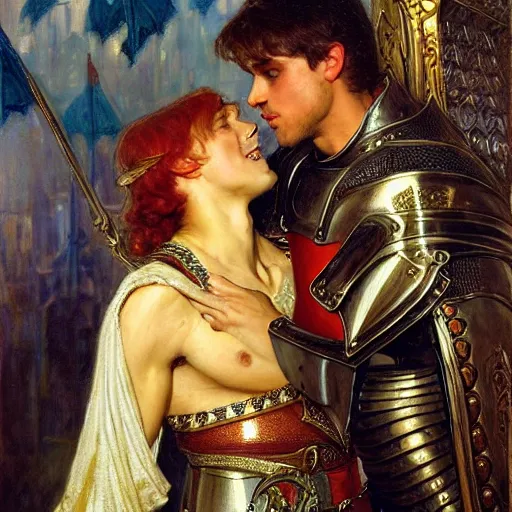 Image similar to attractive fully clothed arthur pendragon confesses his love for his attractive fully clothed male knight. highly detailed painting by gaston bussiere and j. c. leyendecker 8 k