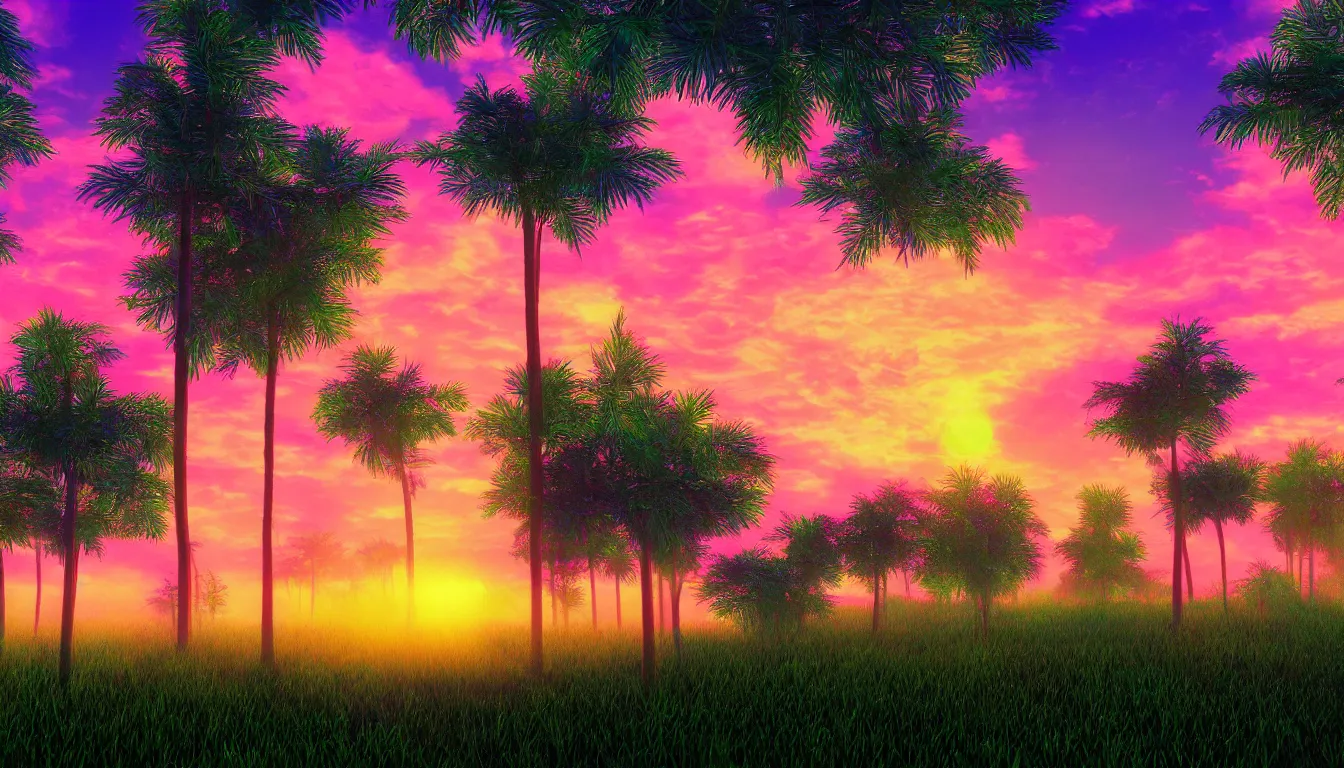 Image similar to realistic vaporwave forest sunset 4k