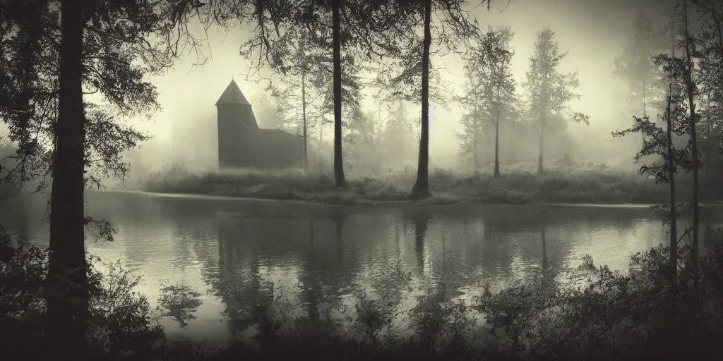 Image similar to a photo of a dream world, forest, river, skull, church, dark lighting