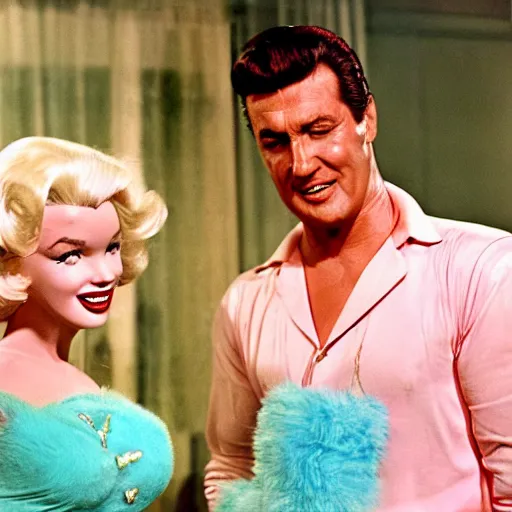 Image similar to Marilyn Monroe as Barbie and Rock Hudson as Ken in the Barbie movie from 1963 set in the big house on Malibu