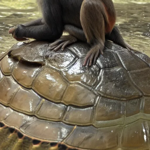 Image similar to a monkey sitting on the back of a turtle