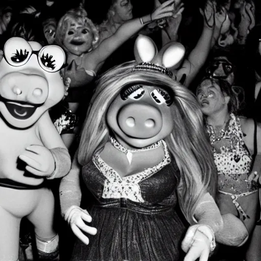 Image similar to Miss Piggy at a rave in Manchester, surrounded by ravers, 1994, HD 35mm color flash photography, depth of field