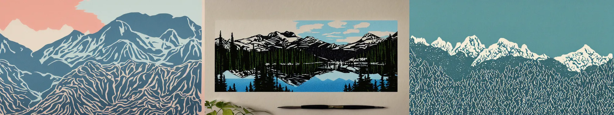 Prompt: lakeside mountains, screen print