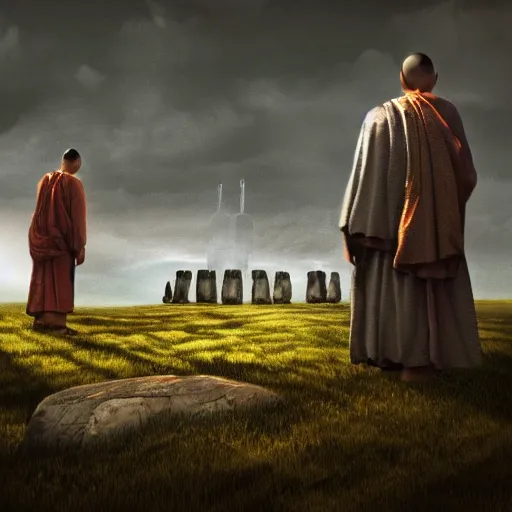 Prompt: highly detailed landscape with two monks praying with stonehenge in the background 1 9 8 0 s science fiction, 1 9 7 0 s science fiction, cyberpunk, moody, misty, depth perception, 4 k, artstation