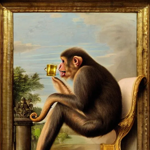 Image similar to a monkey with heels drinking tea as a baroque painting