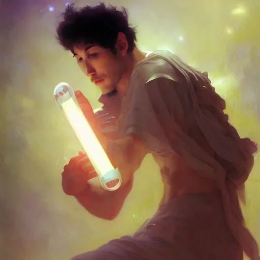 Image similar to A man drinking a cup of cosmic energy bright light, illustration by Ruan Jia and Mandy Jurgens and William-Adolphe Bouguereau, Artgerm, 4k, digital art, surreal, anime style, space dandy style, highly detailed, godsend, artstation, digital painting, concept art, smooth, sharp focus, illustration by Ruan Jia and Mandy Jurgens and William-Adolphe Bouguereau, Artgerm