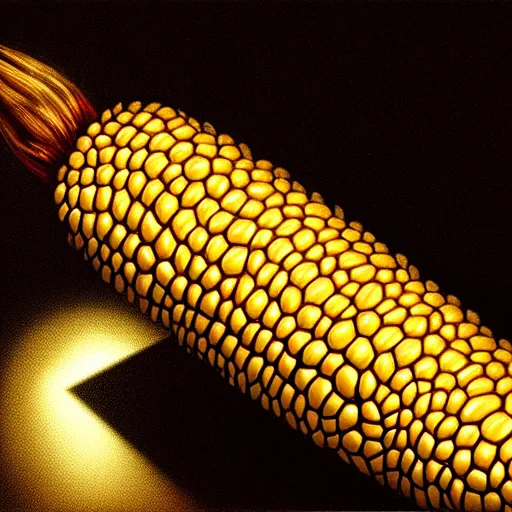 Image similar to Anthropomorphic corn cob using computer in a dark room, face illuminated, hyperrealistic, artstation, 8k, concept art, very detailed, hd, digital painting, shadows, dimly lit, dramatic lighting