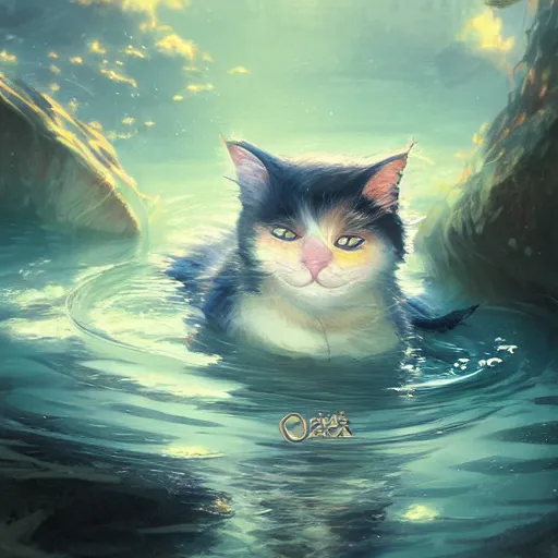 Prompt: A cat swimming in water, Japanese anime style, fantasy matte painting，cute, rich colors, high details，light effect，by Justin Currie and Justin Gerard，trending on cgsociety and artstation，8kHDR，