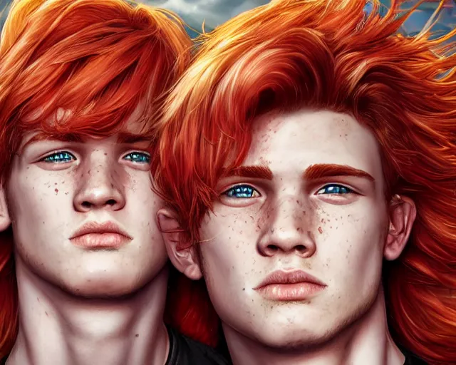 Image similar to portrait stocky of 1 9 - year - old male twins with red hair and freckles, two male, wearing shirts,, hyper realistic face, beautiful eyes, character art, art by mark brooks, hyperdetailed, cryengine, trending on artstation, digital art