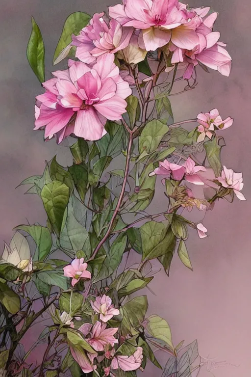 Image similar to ultra realistic illustration, watercolor botanical plants drawing, pink, background, elegant, highly detailed, digital painting, concept art, smooth, sharp focus, illustration, art by artgerm and greg rutkowski and alphonse mucha