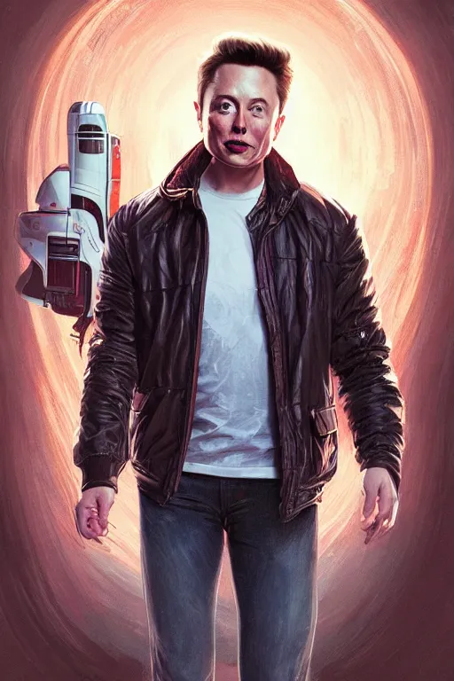 Image similar to elon musk as marty mcfly, realistic portrait, symmetrical, highly detailed, digital painting, artstation, concept art, smooth, sharp focus, illustration, cinematic lighting, art by artgerm and greg rutkowski and alphonse mucha