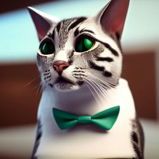 Prompt: photorealistic portrait of a cat with suit and bow tie, 8k, octane render, unreal engine 5, detailed