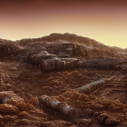 Image similar to matte painting of a sci - fi mining work exploring toxic sulfur pools of hestia rupes mars landscape, highly detailed, vidid, epic scenery, windy, at dusk