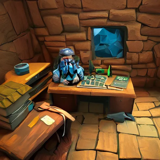 Prompt: A dwarf peeking over his desk surprised like Killroy, the desk is covered in scattered letters, deep rock galactic screenshot, low poly, digital art.