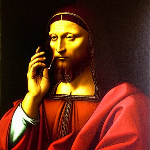 Image similar to nikolaus making a sales call. oil painting. da vinci. extremely detailed