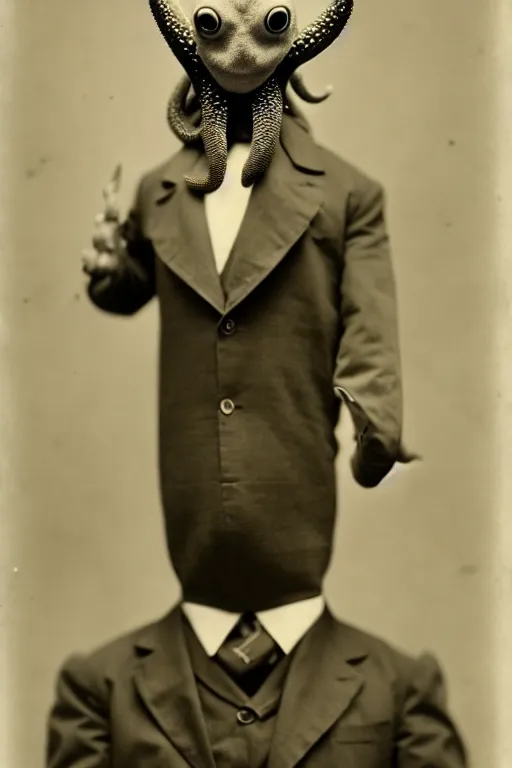 Image similar to anthropomorphic octopus , wearing a suit, tentacles spilling out of the collar, vintage photograph, sepia