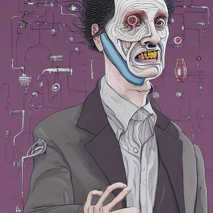 Image similar to A portrait of one! chilean mad scientist male with cyborg face looking at the camera with a queasy smile!!, wearing a black suit under a white! laboratory coat, in a mixed style of Botticelli and Æon Flux!!, inspired by Simon Stålenhag paintings, and cyberpunk!!!, stunningly detailed, stunning inking lines, flat colors, 4K photorealistic