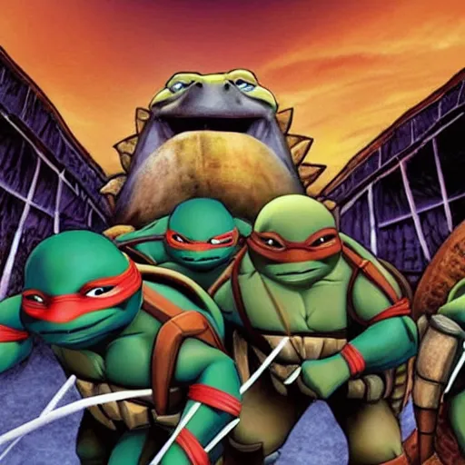 Prompt: high quality animated cartoon still of teenage ninja mutant turtles wearing a jurassic park tshirt jurassic park entrance logo