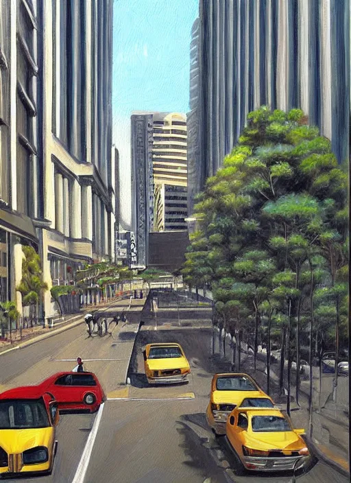 Prompt: avenida paulista in the xc century, very realistic beautiful painting, detailed, by gerardo dottori