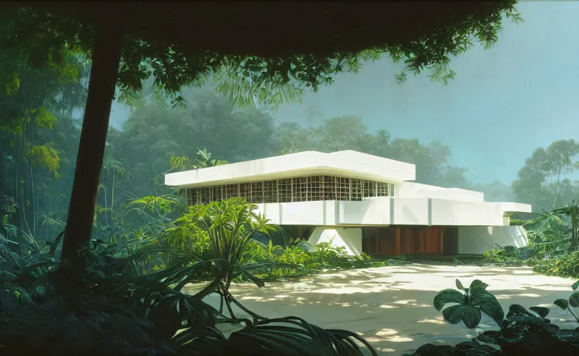 Prompt: painting of a wide angle exterior shot of a white modern architecture in the middle of a tropical forest with cinematic lighting by frank lloyd wright and renzo piano, darek zabrocki and greg ruthkowski, alphonse mucha, simon stalenhag and cinematic and blue cold atmospheric, archillect concept art, artstation, trending on artstation
